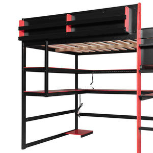 English Elm Full Size Gaming Loft Bed with Rgb Lights Wraparound Shelves and Built-in Usb Ports Red LT000299AAJ