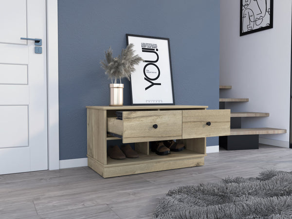 English Elm Tulip Light Oak Storage Bench with Two Drawers and Shelves — Modern Ergonomic Accent for Living Room Beige 40 L x 22 W x 6 H B128P148981