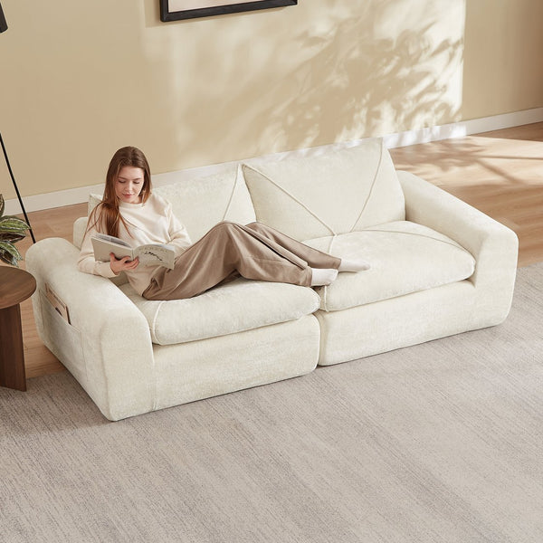 English Elm Modern Chenille Sectional Sofa with Foot Extension Low Profile Living Room Comfort Beige W3396P463868