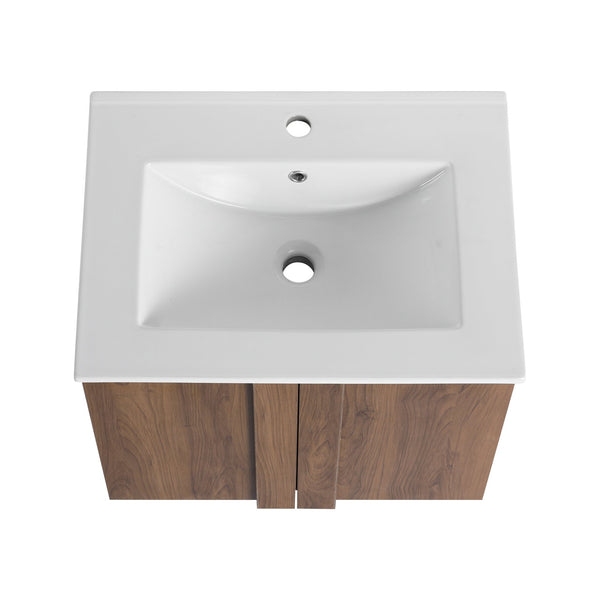 English Elm 24" Wall Mounted Bathroom Vanity Dark Oak Open Shelf Ceramic Sink Soft Close Door W3450P435834