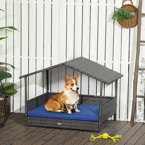 English Elm Pawhut Wicker Dog House With Canopy, Stylish Rattan Bed For Small To Medium Dogs, Dark Blue Cozy Retreat W2225P173753-GIGA