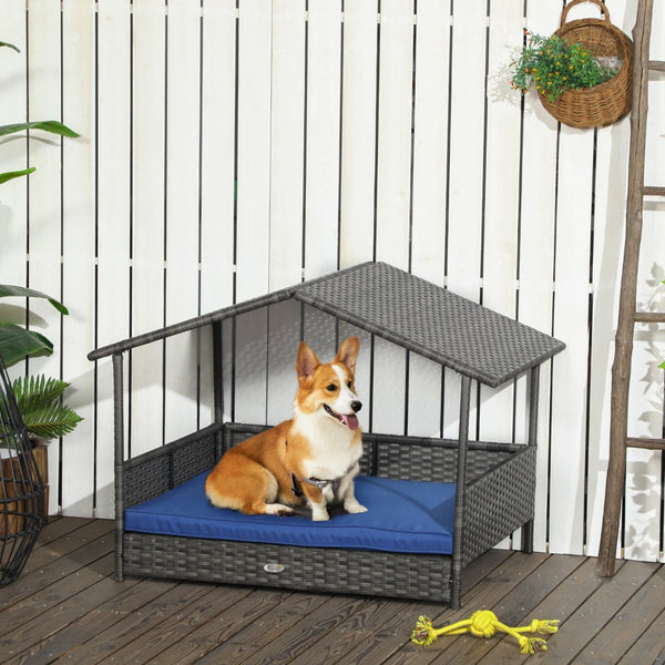 English Elm Pawhut Wicker Dog House With Canopy, Stylish Rattan Bed For Small To Medium Dogs, Dark Blue Cozy Retreat W2225P173753-GIGA