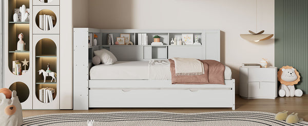 English Elm Twin Daybed with Built-In Shelves, USB Port & Trundle — Solid Pine Frame, Sturdy Storage and Smooth Wheels for Space-Saving Sleep Solutions White GX000467AAK