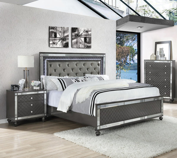English Elm 1Pc Glam Contemporary Chest 5-Drawer with Mirror Plating, Faux Crystal Knobs, Tapered Legs, Gray Finish B011P222478