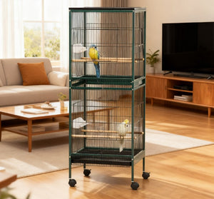 English Elm Large Rolling Aviary Cage for Small Birds with Four Doors and Slide Out Cleaning Trays T3971P423698