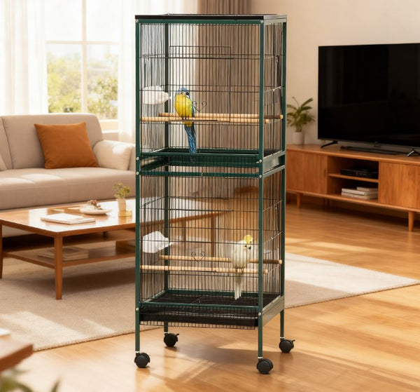 English Elm Large Rolling Aviary Cage for Small Birds with Four Doors and Slide Out Cleaning Trays T3971P423698