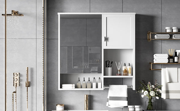 English Elm 29'' Modern Wall Mounted Medicine Cabinet with Mirror, Spacious Adjustable Shelves, Towel Bar and Durable MDF Finish White N710P209440K