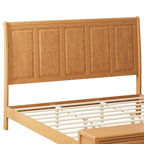 English Elm Queen Sleigh Bed Solid Rubberwood Walnut Finish Curved Headboard Footboard Storage Bench Natural W1716S00037