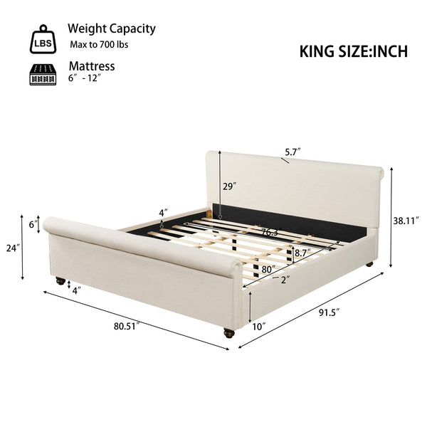 English Elm King Upholstered Bed Linen Fabric Rolled Headboard Rubberwood Legs Primary Bedroom Beige N757K384825I