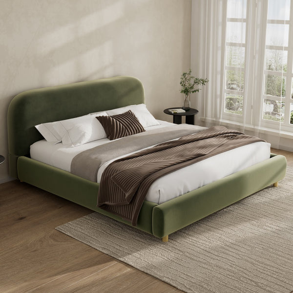 English Elm Queen Boucle Upholstered Bed Curved Foam Padded Headboard Solid Wood Legs Modern N757Q210312V-2