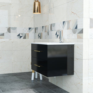 English Elm 30-Inch Sleek Black Gloss Wall-Mounted Bathroom Vanity With Integrated Sink & Easy Installation Options W3151S00054