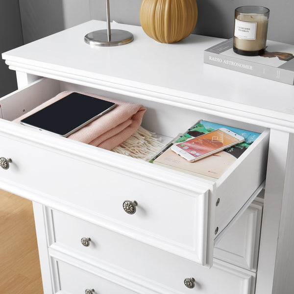 English Elm Modern 5 Drawers Dresser with Smooth Glide Drawers, Stylish Metal Handles & Unique Stable Feet Organizer for Bedroom and Living Room Storage (45.87"L x 20.08"W x 11.03"H) White W2275P149803
