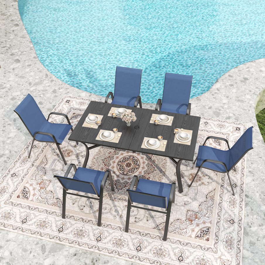 English Elm 7-piece Outdoor Dining Set with Wood-grain Steel Table Umbrella Hole Six Ergonomic Chairs Black,Navy Blue W3979S00044