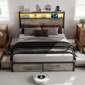 English Elm Queen Metal Platform Bed with Rgb Led Headboard Charging Station and Underbed Storage T3963P482868