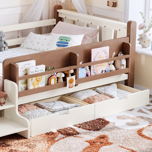English Elm Twin Pine Floor Bed with Guardrails Built-in Bookcases and Stair Steps for Kids Beige W1580P430199