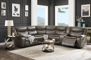 English Elm Tavin Taupe Faux Leather Sectional Recliner Sofa w/ Cupholder Console, 2 Recliners, Storage, 3-Seat Motion B2726S00126