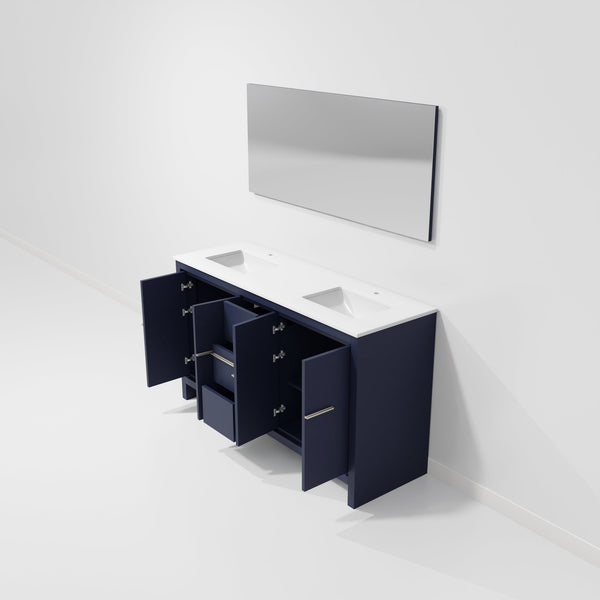 English Elm Navy Blue Double Bath Vanity With White Quartz Top, 55 In. Mirror, Ample Storage & Soft-Close Doors B2731S01494