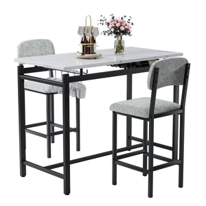English Elm Modern Bar Table Set for 2 with Marble-Style MDF Top, Sturdy Steel Frame, Cushioned PU Chairs, Grey/Black Finish W578P150070