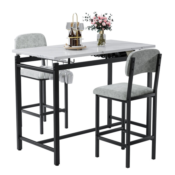 English Elm Modern Bar Table Set for 2 with Marble-Style MDF Top, Sturdy Steel Frame, Cushioned PU Chairs, Grey/Black Finish W578P150070