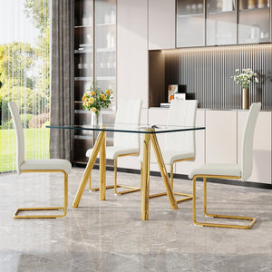 English Elm Tempered Glass Dining Set Seats 4 with Gold Metal Legs and White Pu Leather Chairs W3875S00046