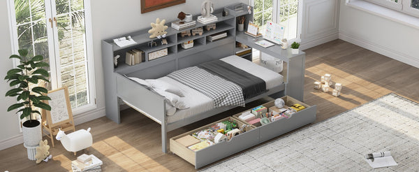 English Elm Wooden Twin Daybed with Built-In Desk, Side Shelves and Dual Drawers for Smart Space Saving Gray 54.9 L x 18.75 W x 5.6 H N733S241484E