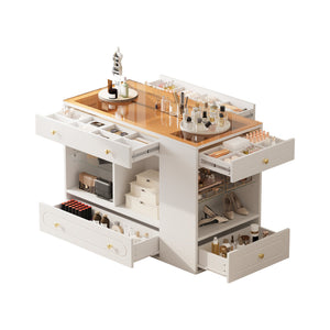 English Elm Closet Elegant walk-in island with glass display top, 6 drawers and open shelves for organized storage White 39.76 L x 17.32 W x 12.2 H N733S304513K