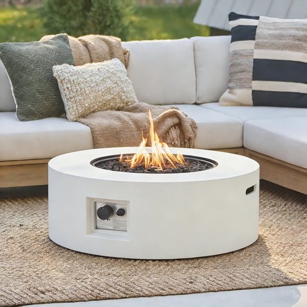 English Elm Lightweight Concrete Round Fire Pit 50000 Btu Propane Patio Gathering Focal Point N772P390497W