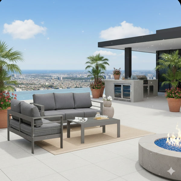English Elm 3-piece Outdoor Aluminum Conversation Set with Deep Cushions and Wpc Coffee Table Dark Grey B082S00091