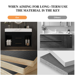 English Elm 29.9" Floating Bathroom Vanity Sintered Stone Top Soft Close Drawers Bronze Gold Hardware W3136S00038