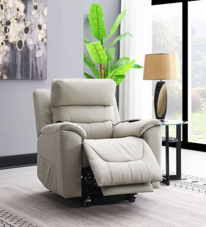 English Elm Marsha Light Gray Power Motion Recliner with Lift, Heated Massage, Faux Leather Upholstery, Modern Comfort B2726S00015