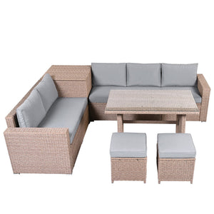 English Elm Topmax Outdoor Wicker Sectional Set with Storage Adjustable Seating and Tempered Glass Table Light Grey N717S100005G