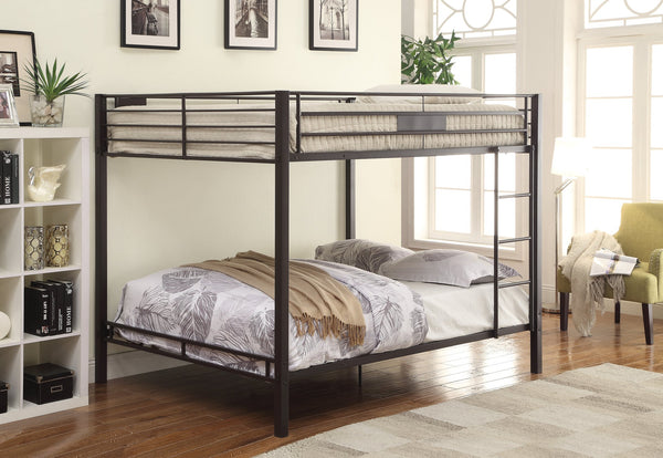 English Elm Limbra Sandy Finish Twin XL/Queen Bunk Bed with Metal Frame, Built-In Ladder, Full Guard Rail Durable Black 63 L x 19 W x 8 H B2726S00312