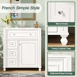 English Elm Bathroom Vanity with Sink French-Inspired 30" Ceramic Basin Vanity Cabinet with Soft-Close Doors & Drawer Organizer White N710P286723K