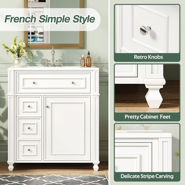 English Elm Bathroom Vanity with Sink French-Inspired 30" Ceramic Basin Vanity Cabinet with Soft-Close Doors & Drawer Organizer White N710P286723K
