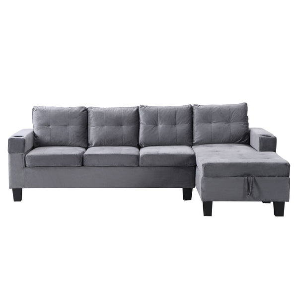 English Elm Sectional PU Sofa Set with L-Chaise, Built-In Cup Holders, Thick Foam Cushions, Modern 4-Seater Comfort Grey 60.62 L x 29.52 W x 13.78 H W2297S00017