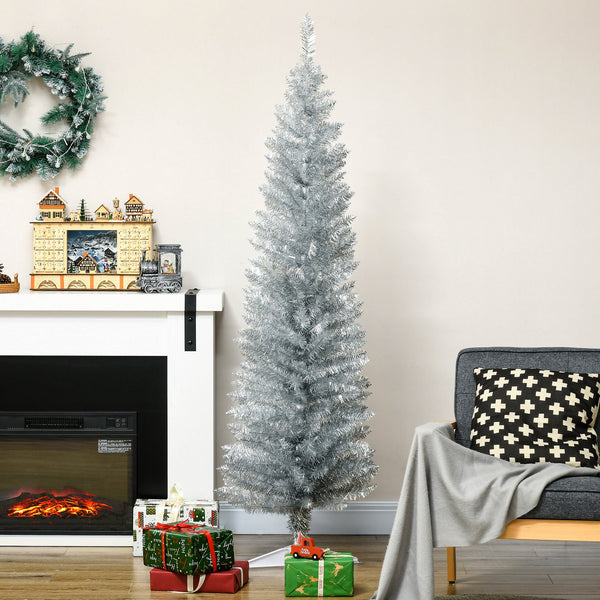 English Elm Homcom 6' Slim Silver Pencil Christmas Tree With 390 Realistic Branch Tips - Perfect For Small Spaces! W2225P229802