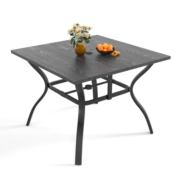 English Elm "vintage Wood Grain Square Iron Patio Dining Table with Umbrella Hole for Outdoor Decks Black W3979P394134
