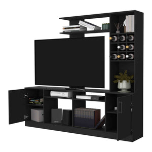 English Elm Vibrant Black Entertainment Center for TVs up to 78" — Double Door Cabinet, 6 Shelves, Ample Storage B128S00159