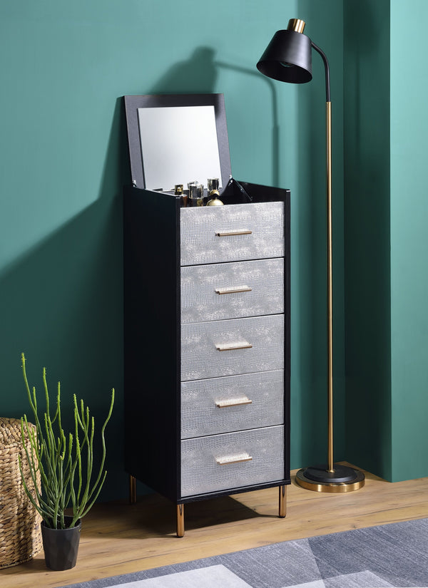 English Elm Myles Black Jewelry Armoire with Silver & Gold Accents, Mirror, 4 Drawers, Metal Legs, Compact Storage B2726P279129