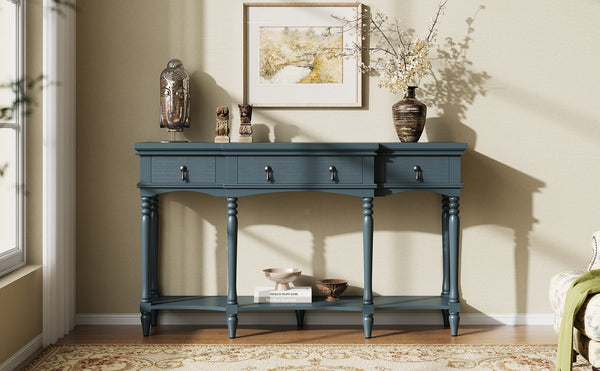 English Elm [video] Solid Pine Console Table Ornate Carved Legs Copper Hardware Soft-close Drawers Blue N759P433566C