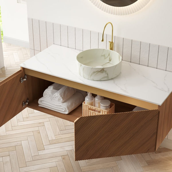 English Elm Ruben 48" Floating Bathroom Vanity With Round Ceramic Basin & Sintered Stone Top, Brown Oak Finish W2615S00483-GIGA