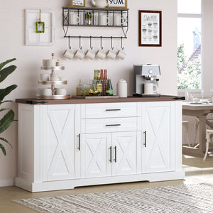 English Elm 63" Fluted Mdf Sideboard with Wood Tone Top Four Doors Three Drawers Dining Storage White W2917S00013