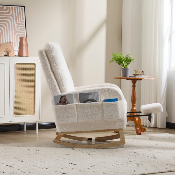 English Elm Modern Upholstered Glider Rocker with Teddy Fabric High Back and Rubberwood Base White W3723P409074