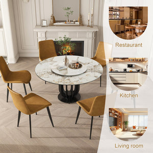 English Elm 53" Round Sintered Stone Dining Table With Lazy Susan & Carbon Steel Base - Modern Kitchen Elegance W2699S00042