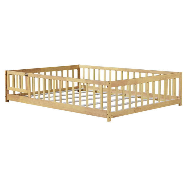 English Elm Twin Size Rubberwood Floor Bed with Safety Fence for Toddler Rooms Natural Finish W504P370533