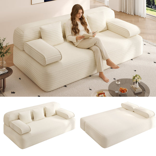 English Elm 78.7" Frameless Convertible Corduroy Sofa Sleeper Queen Bed for Compact Living Spaces Beige W3219P427161