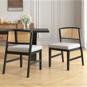 English Elm Rattan Back Armless Dining Chairs Upholstered Seat Rubberwood Frame Kitchen Set of 2 Black+Beige N842P400687B