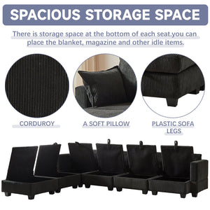 English Elm 113.5'' Modular Sectional Sofa with Storage Ottoman, Convertible U or L Shape Sleeper for 6 Seats Black W834S00250