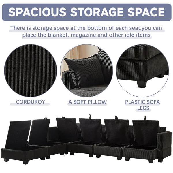 English Elm 113.5'' Modular Sectional Sofa with Storage Ottoman, Convertible U or L Shape Sleeper for 6 Seats Black W834S00250