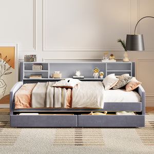 English Elm Twin Velvet Upholstered Platform Bed with Plush Headboard, Underbed Drawers & Hidden Cabinet Storage Gray SF000183AAE